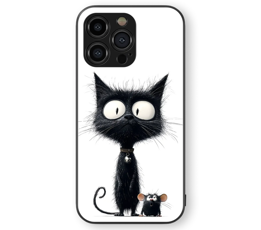 Cute Black Cat and Mouse Glass Mobile Cover | Whimsical Friends Series | Premium Glass Back Case