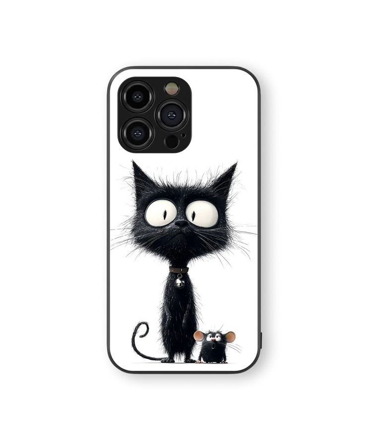 Cute Black Cat and Mouse Glass Mobile Cover | Whimsical Friends Series | Premium Glass Back Case