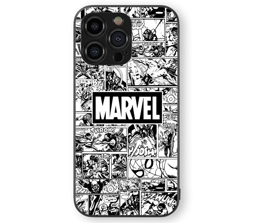 Marvel Comic Grid – Classic Black & White | Premium Glass Back Mobile Cover