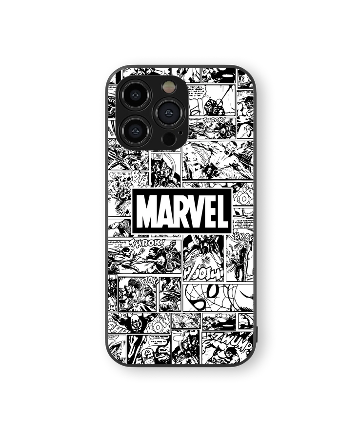 Marvel Comic Grid – Classic Black & White | Premium Glass Back Mobile Cover