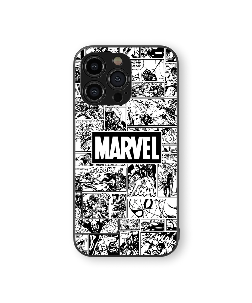 Marvel Comic Grid – Classic Black & White | Premium Glass Back Mobile Cover
