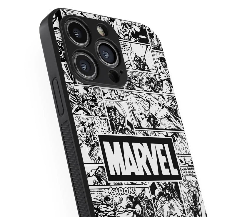 Marvel Comic Grid – Classic Black & White | Premium Glass Back Mobile Cover