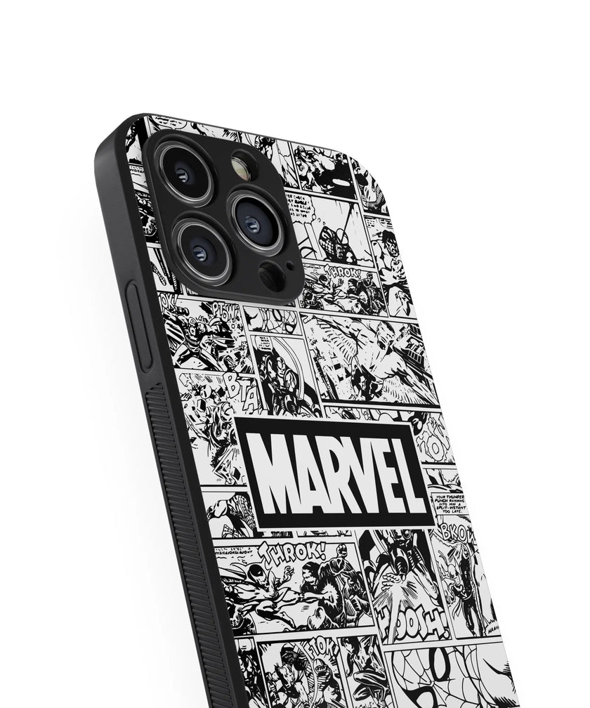 Marvel Comic Grid – Classic Black & White | Premium Glass Back Mobile Cover