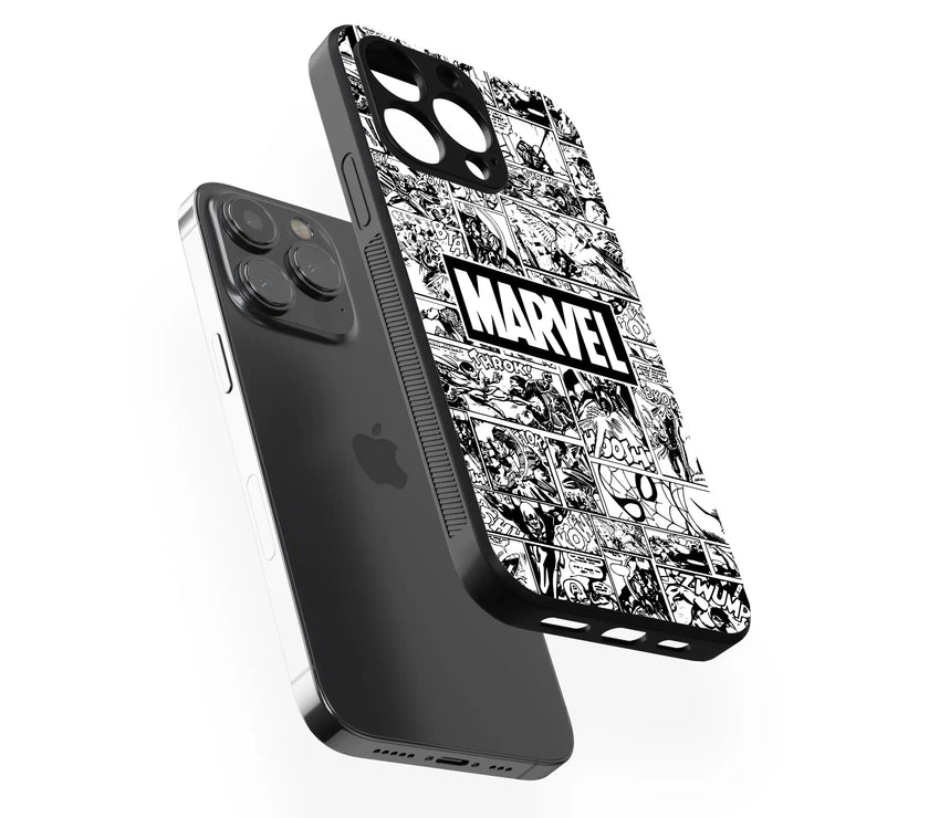 Marvel Comic Grid – Classic Black & White | Premium Glass Back Mobile Cover