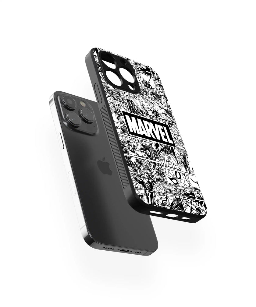Marvel Comic Grid – Classic Black & White | Premium Glass Back Mobile Cover