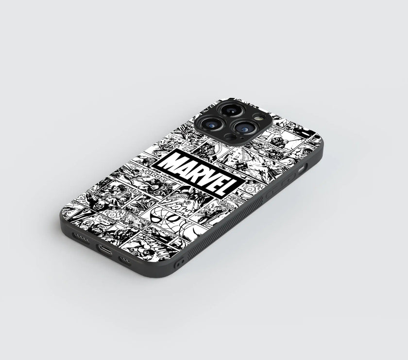 Marvel Comic Grid – Classic Black & White | Premium Glass Back Mobile Cover