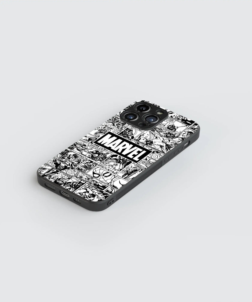 Marvel Comic Grid – Classic Black & White | Premium Glass Back Mobile Cover