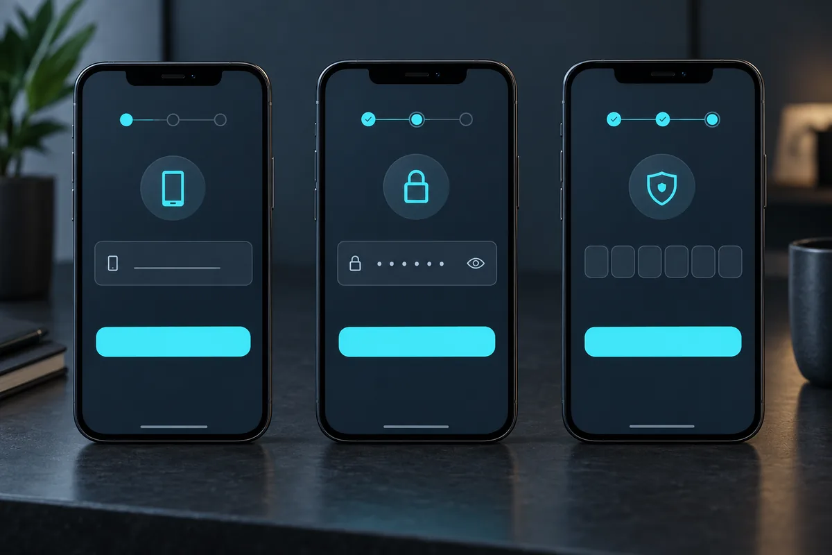 Three phones showing the 1win login flow: phone number, password and the confirmation code